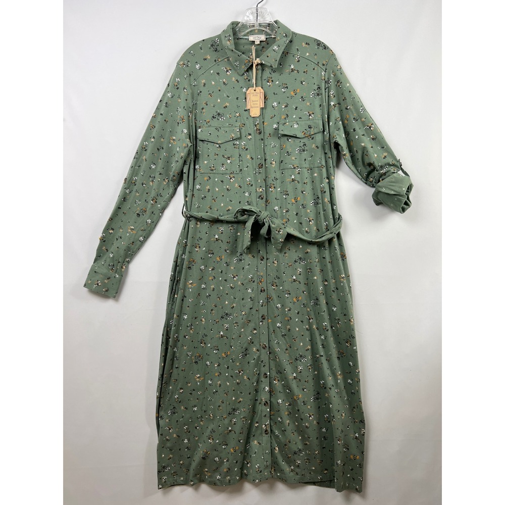 Fat Face Shirt Dress Womens 10 Olive Green Floral Utility Midi Tie Waist NEW